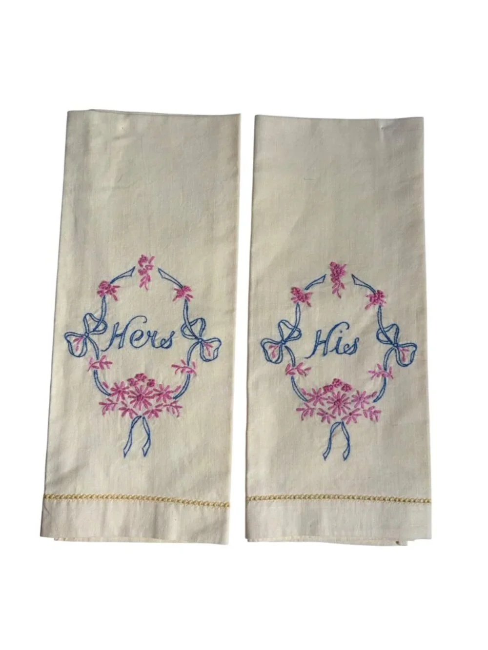 Vintage His Hers Embroidered Yellow Guest Towels Pink Blue Floral Design Pair